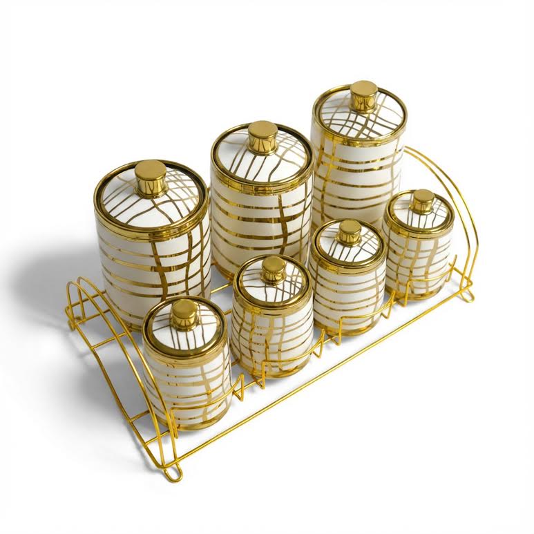7 Piece Line Design Canister Set Gold & White