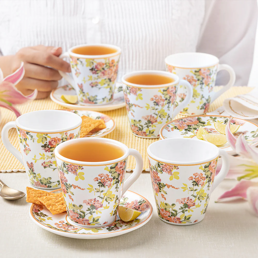 Larah By Borosil Amora Mug n Saucer Set, 160ml x 12