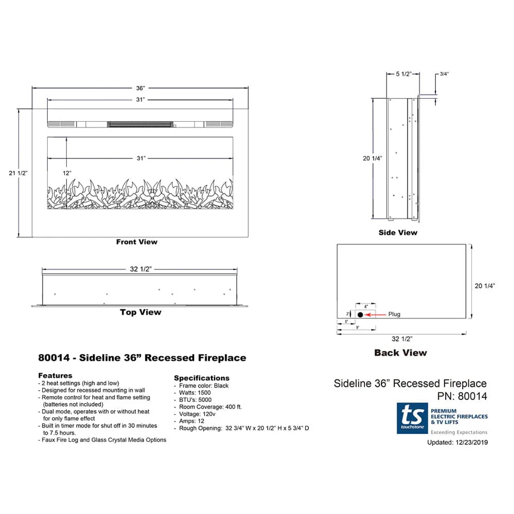 The Sideline 36 Inch Recessed Smart Electric Fireplace 80014
