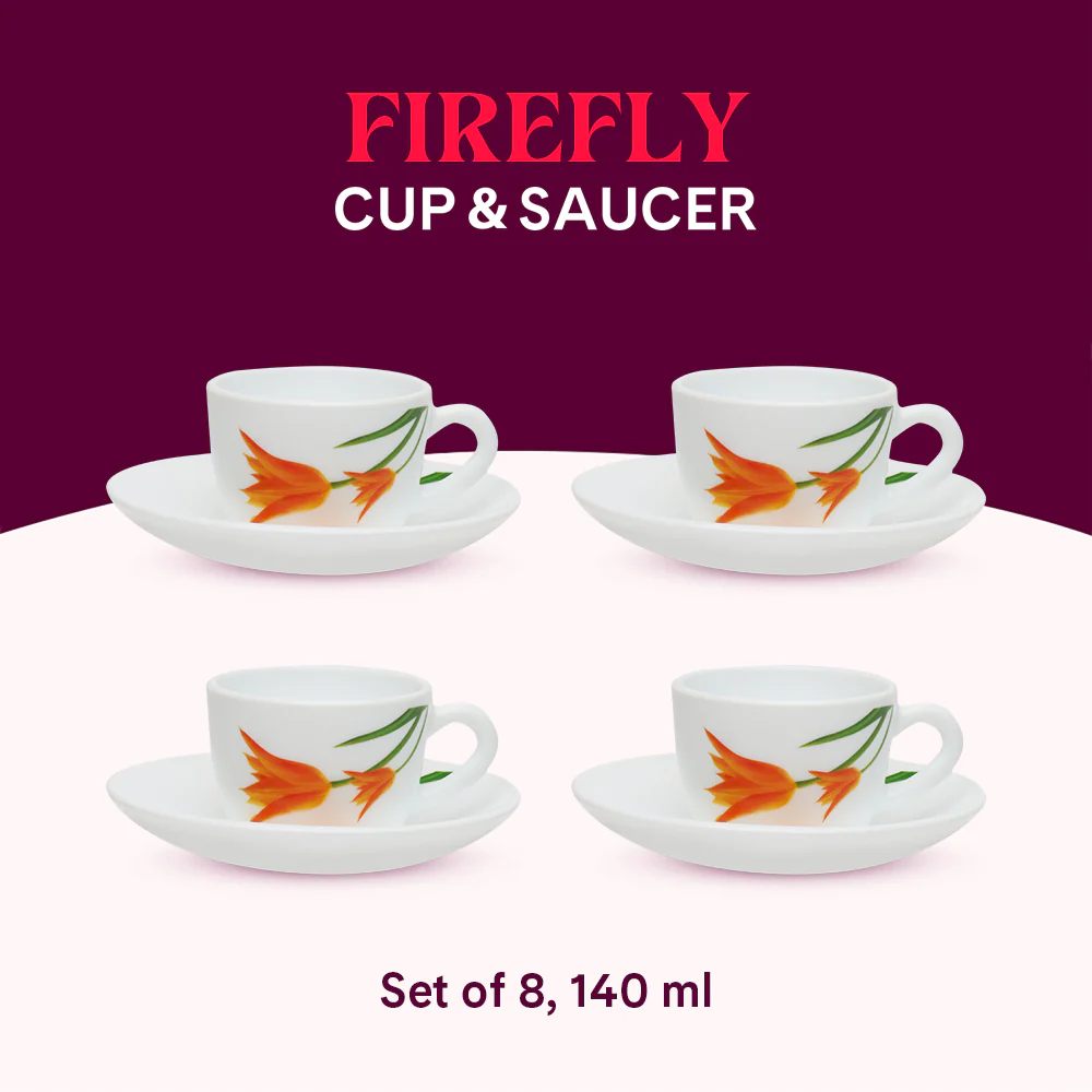 Larah by Borosil Firefly Cup n Saucer Set, 140ml x 8