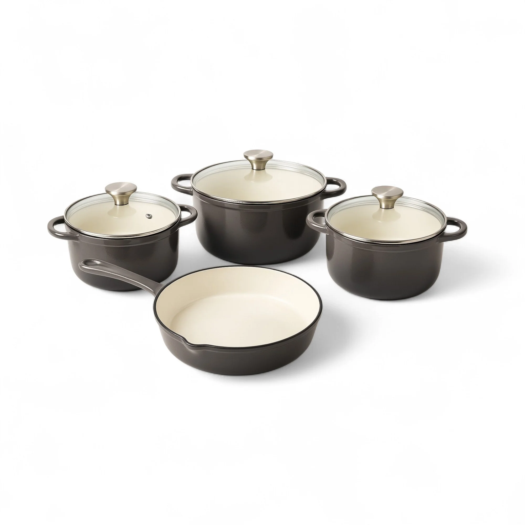 CH 7 Piece Cast Iron Pot Set with Glass Lids Grey