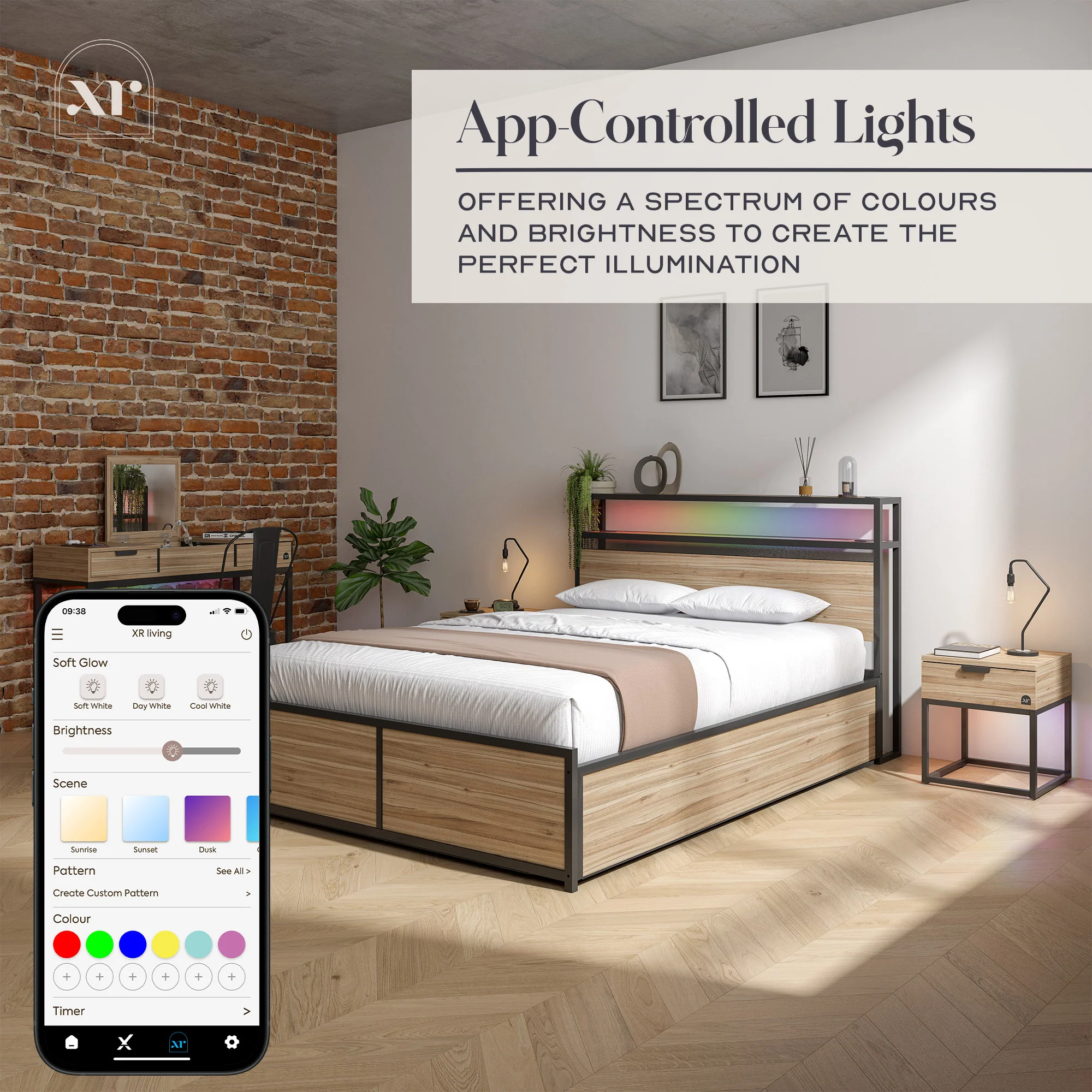 Denver Double Ottoman Bed With App Controlled LED Lighting - Oak/Black