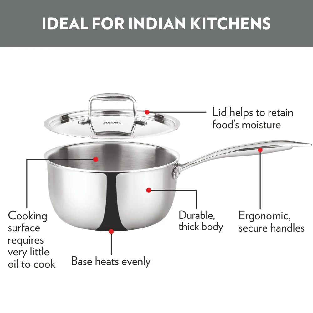Borosil Cookfresh Triply Saucepan (Steel Handle), 3.1L