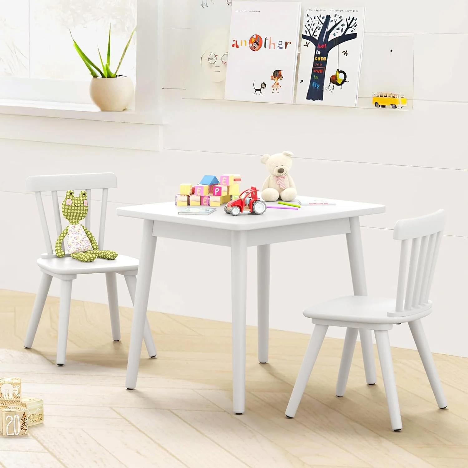 Kids Table and Chair Set - Rubberwood with Non-Slip Legs and Round Edges