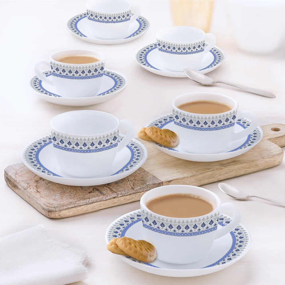 Larah by Borosil Ocean Cup n Saucers Set, 140ml x 12