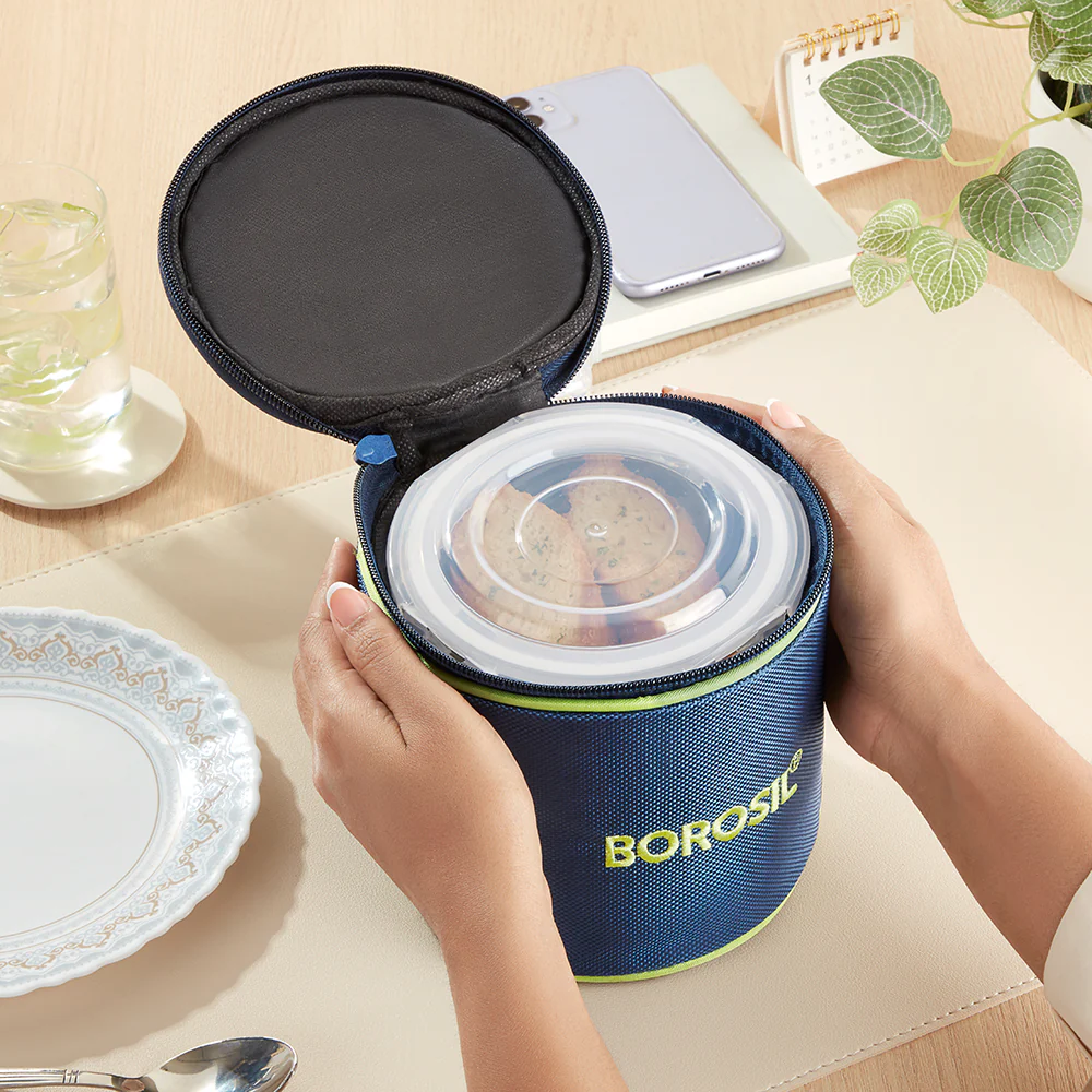 Borosil Blue Glass Lunchbox, Round x 2 (Tall), 400ml x 2