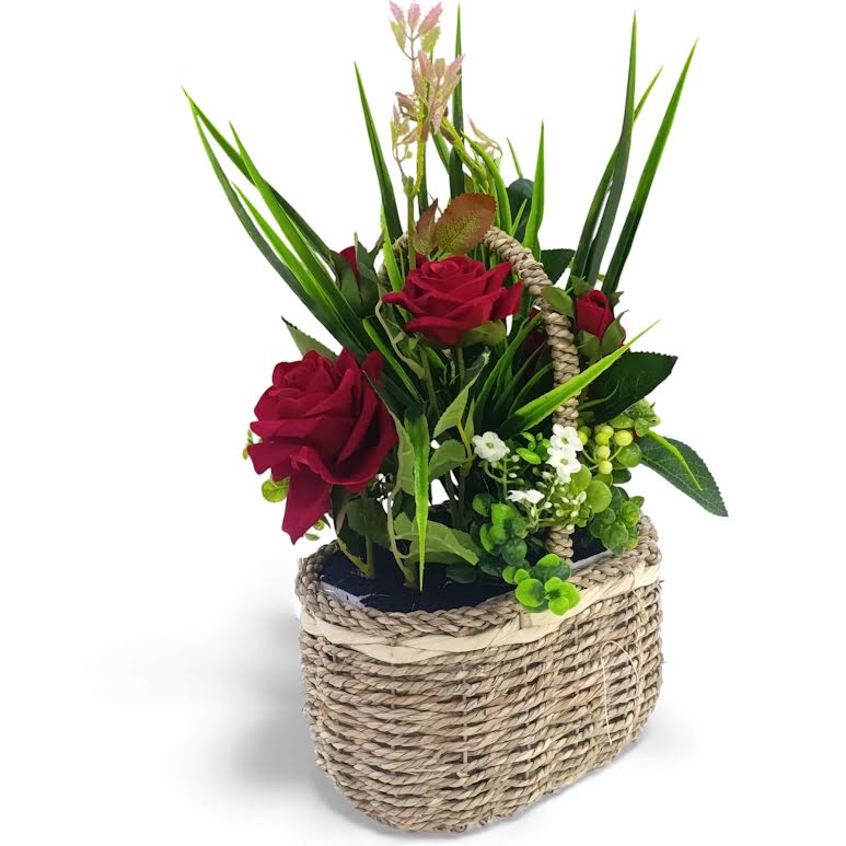 Artificial Rose Plant with Leaves in Basket Red & Green
