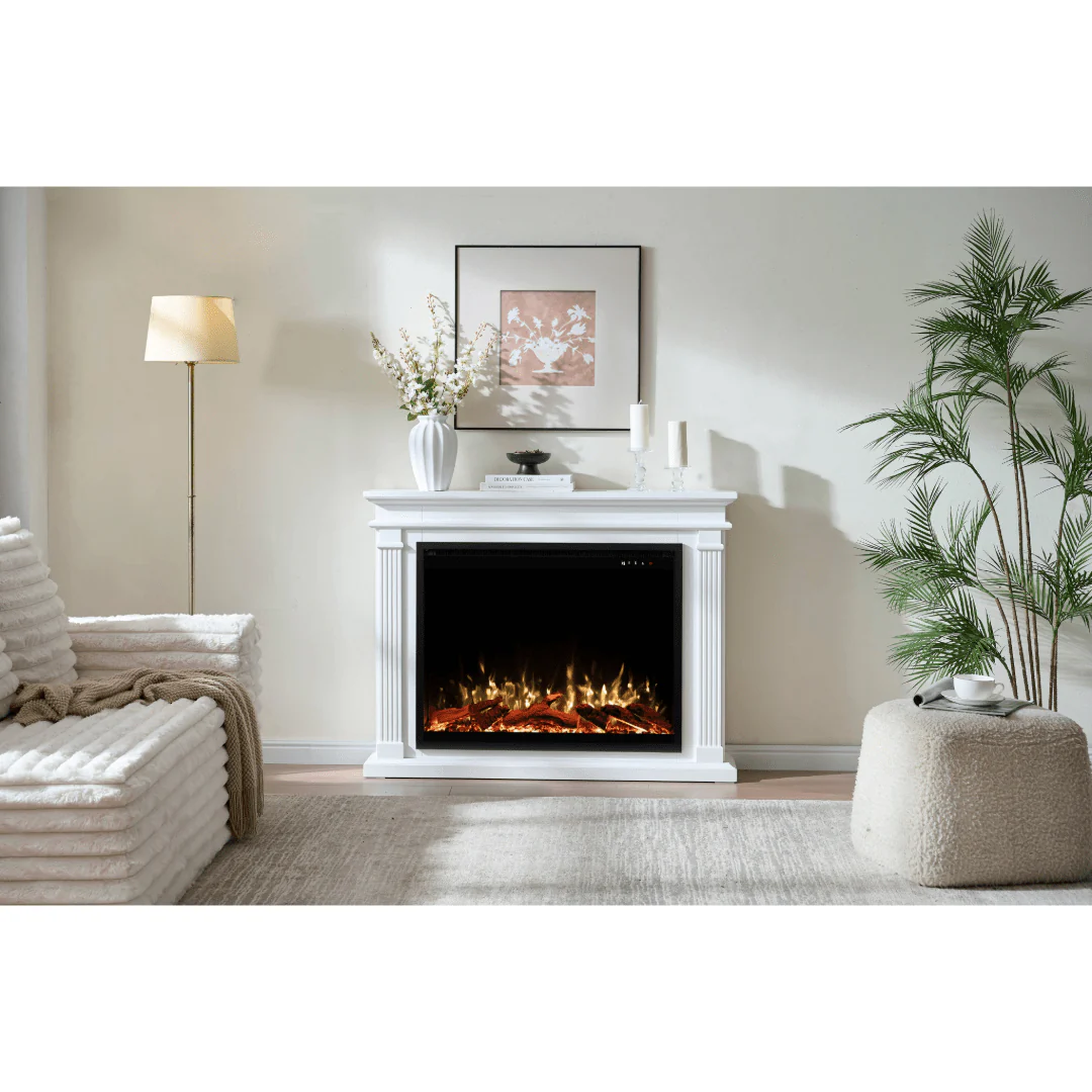 Fireplug Pro 33 Inch Smart Electric Fireplace with White Encase Surround Mantel