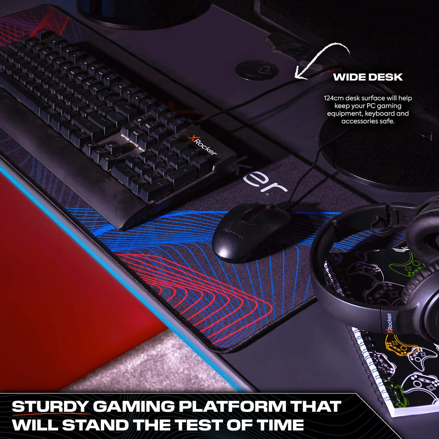 Carbon-Tek 120cm LED Gaming Desk with Wireless Charging - Grey / Red RGB