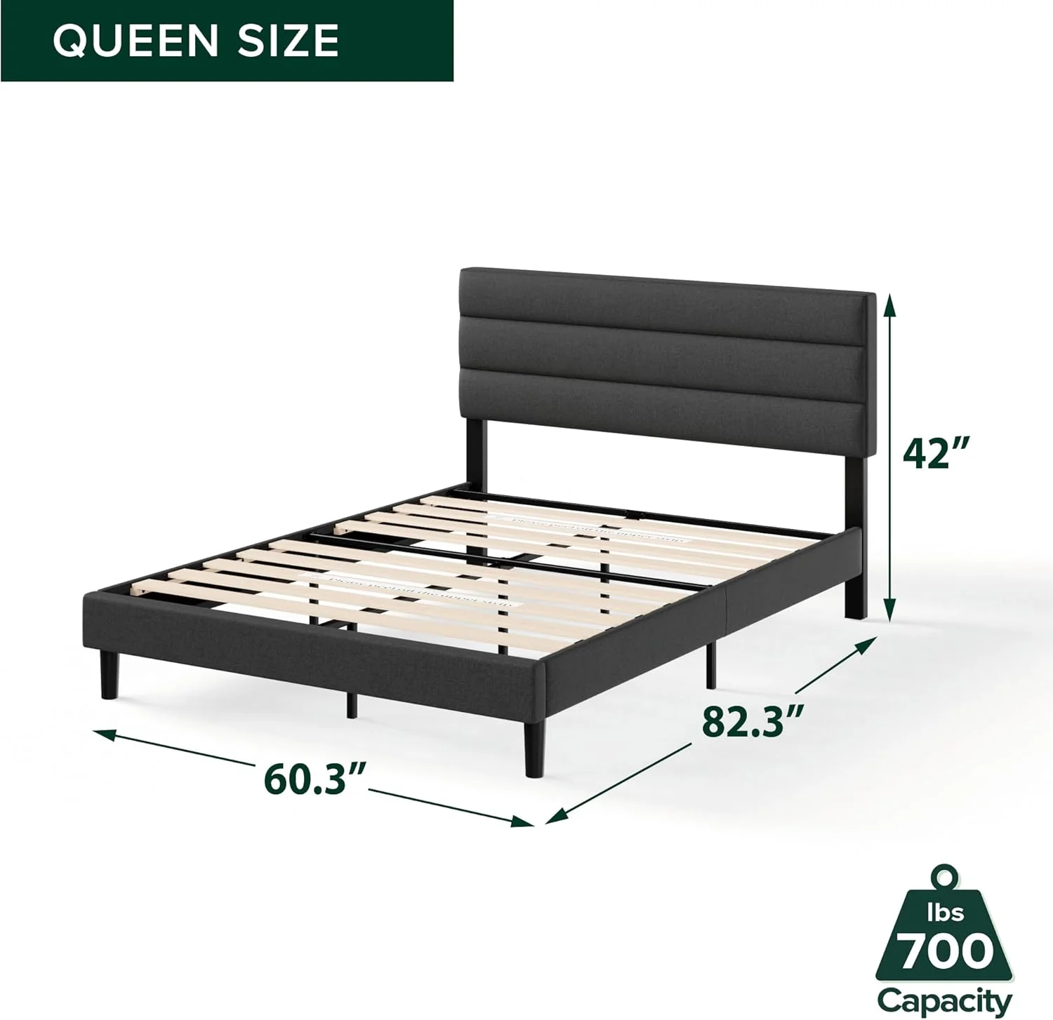 Queen Upholstered Platform Bed: Horizontal Headboard, Wooden Slats, No Box Spring Needed, Easy Assembly, Eco-Friendly, Dark Grey