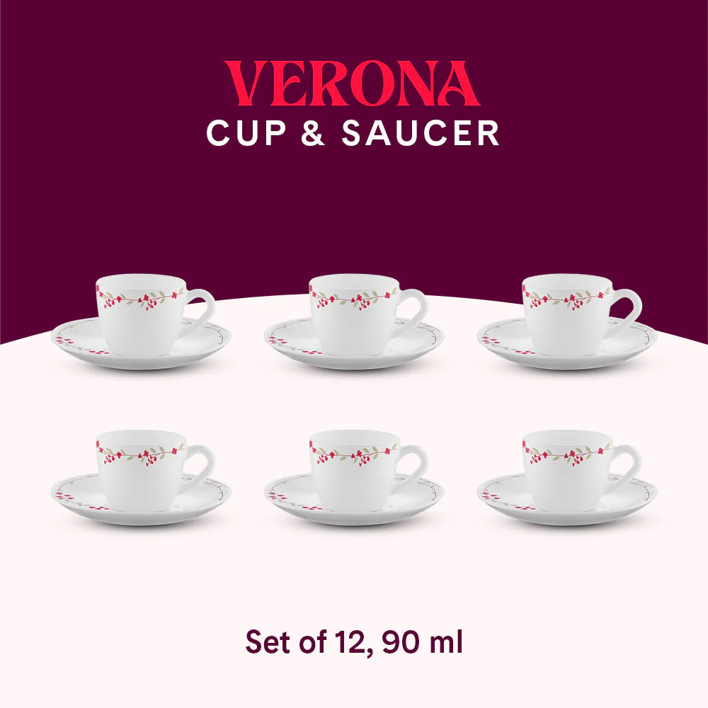 Larah by Borosil Verona Cup n Saucer Set, 140ml x 12