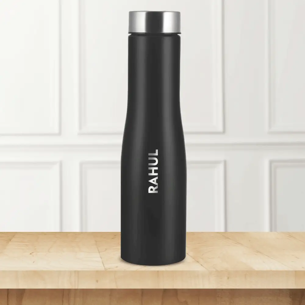 Borosil Swan Stainless Steel Single Wall Bottle - Personalised, Black, 1L