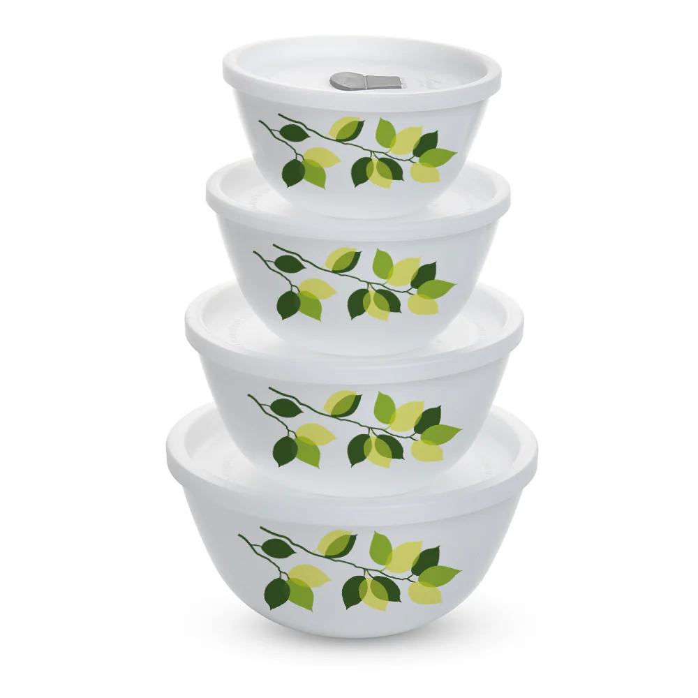 Larah by Borosil Green Leaves 4 pc Mixing Bowl, 1 L + 750 ml + 500 ml