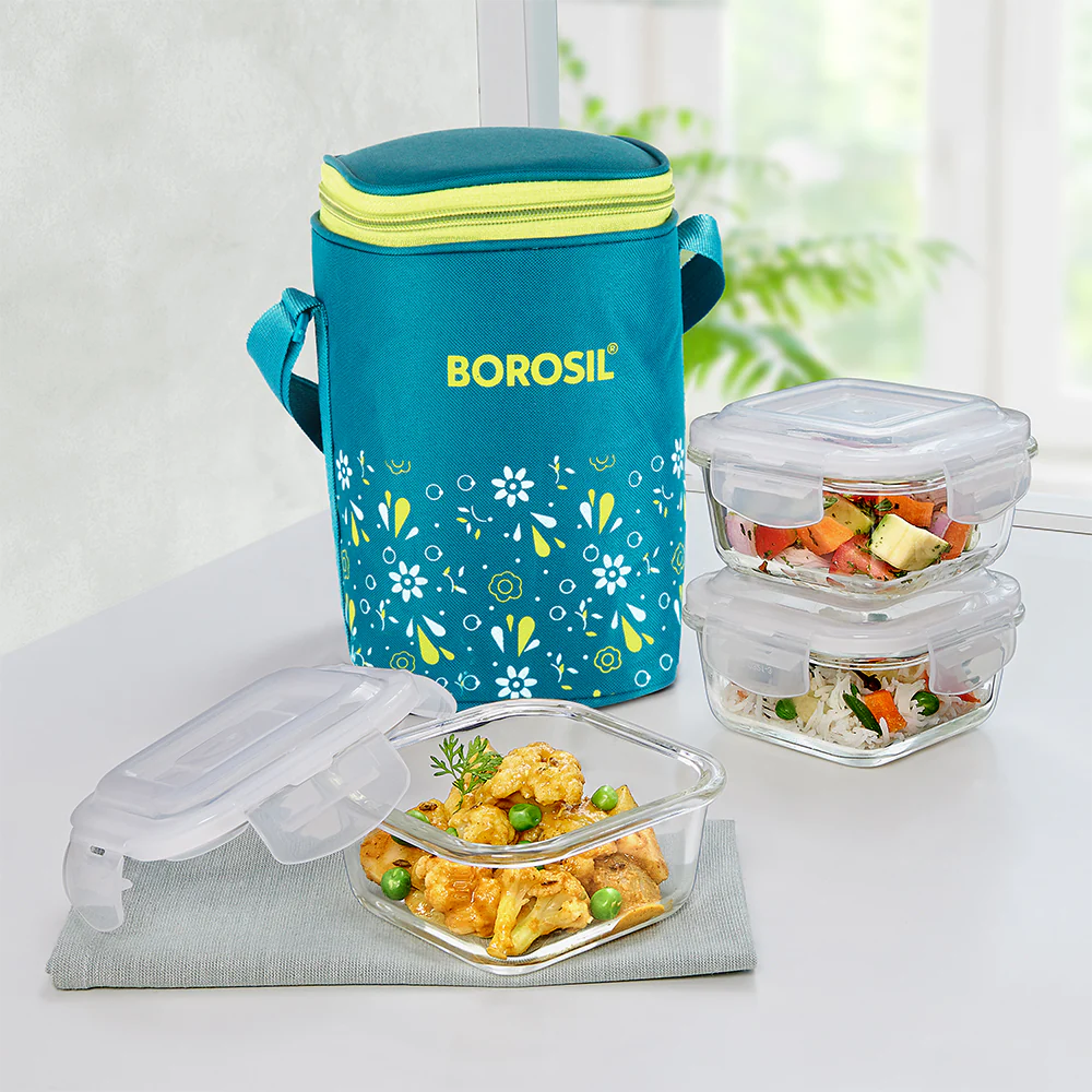 Borosil Grace Marine Glass Lunchbox, Square x 3