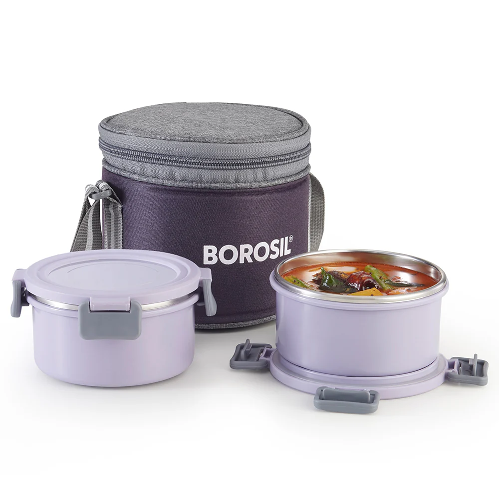 Borosil Glory Lavender Lunchbox, Set of 2, Tall, 280ml
