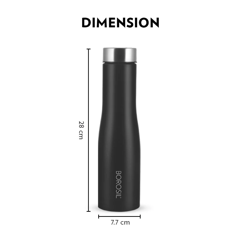 Borosil Swan Stainless Steel Single Wall Bottle, Black, 1L