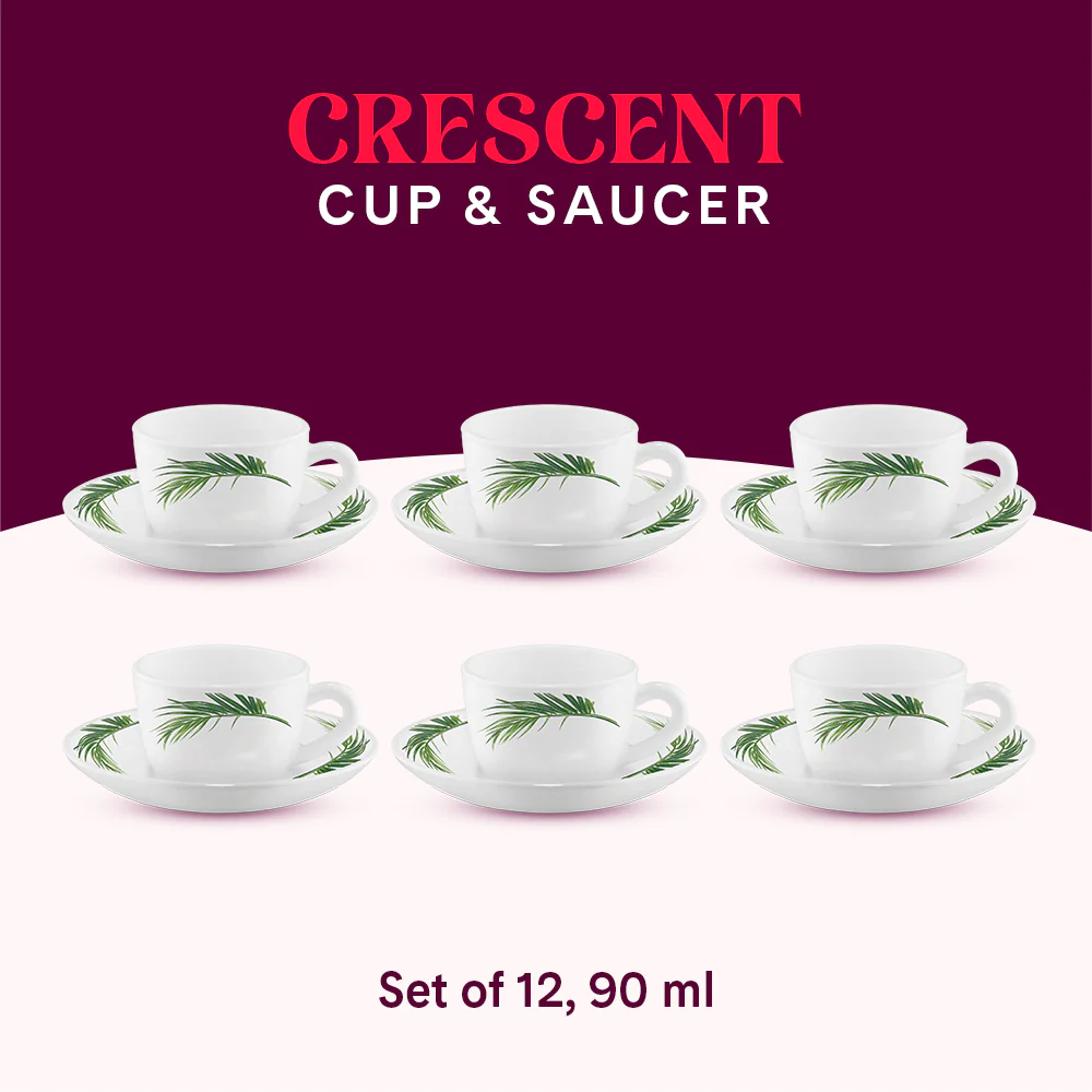 Larah by Borosil Crescent Cup n Saucer Set, 90ml x 12