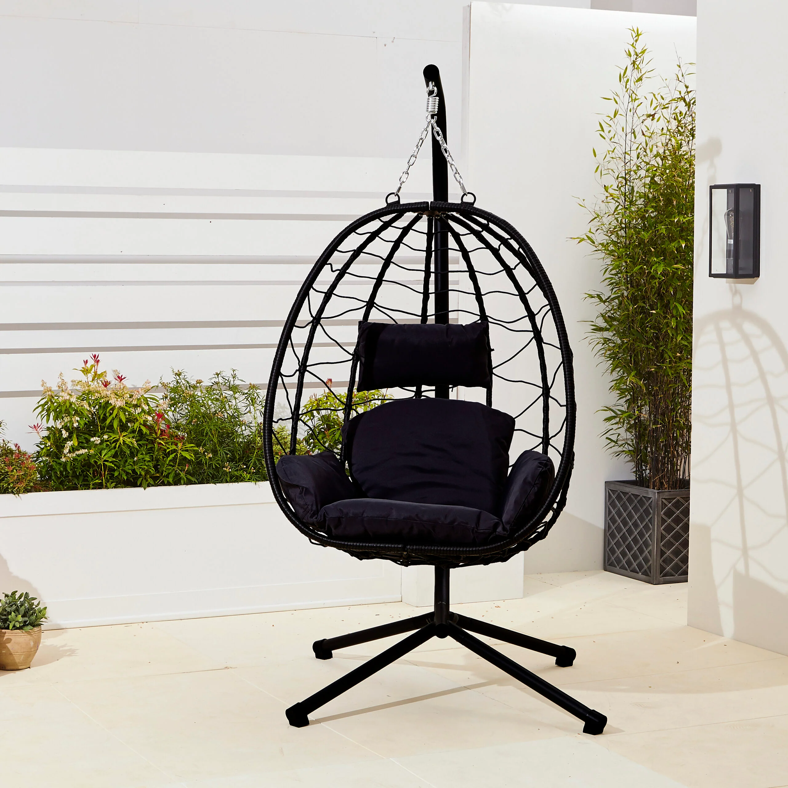 Neo Black Hanging Swing Egg Chair With Cushions