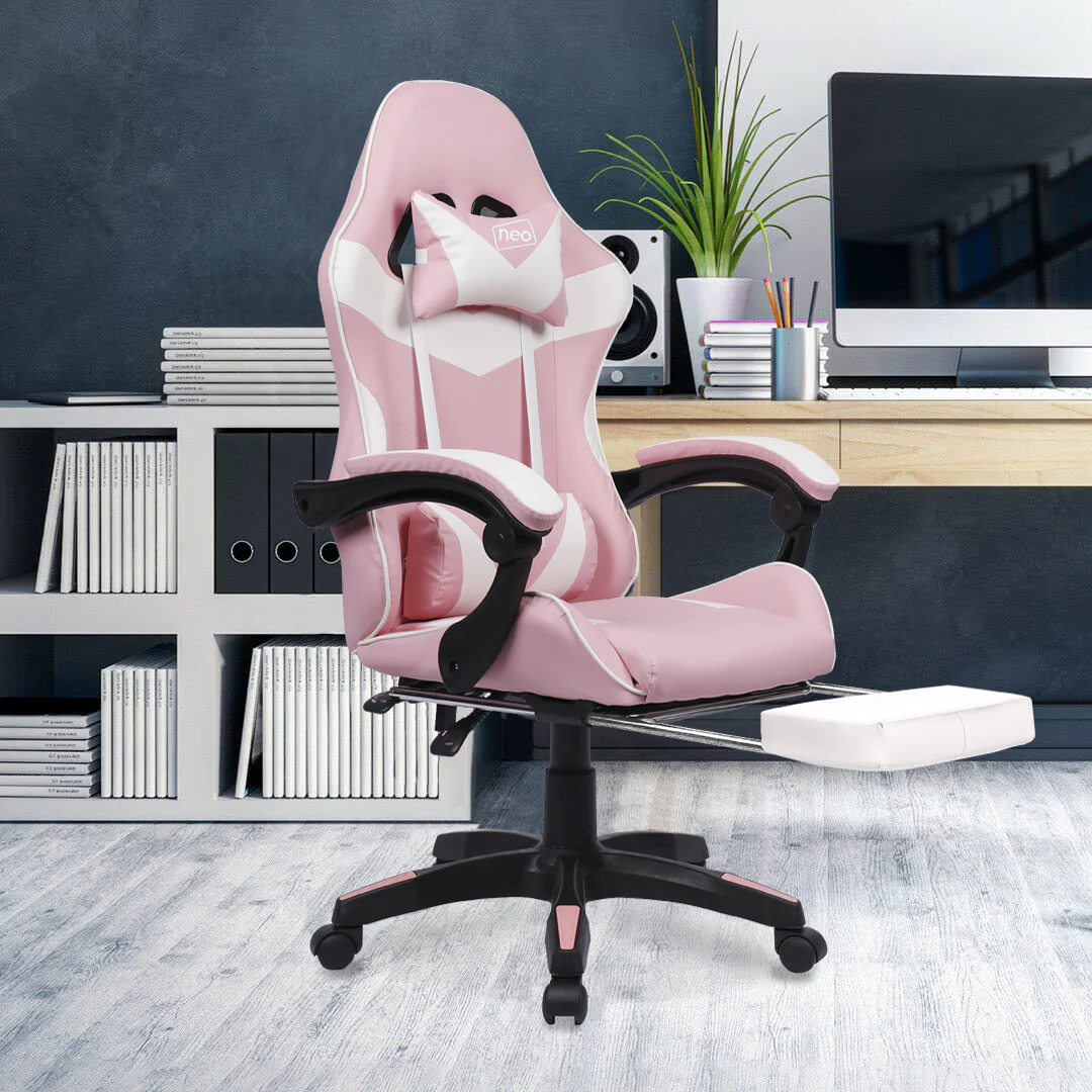 Neo Gaming Chair Pink & White PU Leather with Footrest