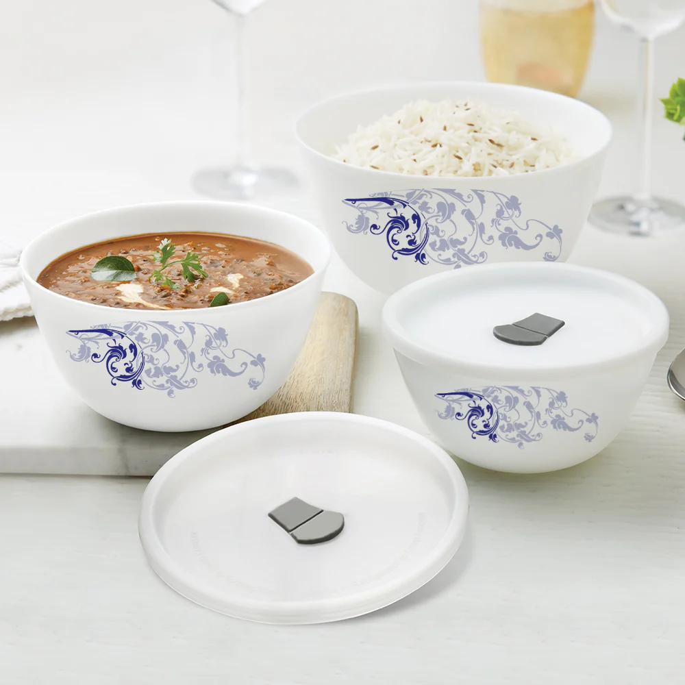 Larah by Borosil Blue Eve Mixing Bowl Set w Lid, 6 pc Set (500ml + 750ml + 1 L)