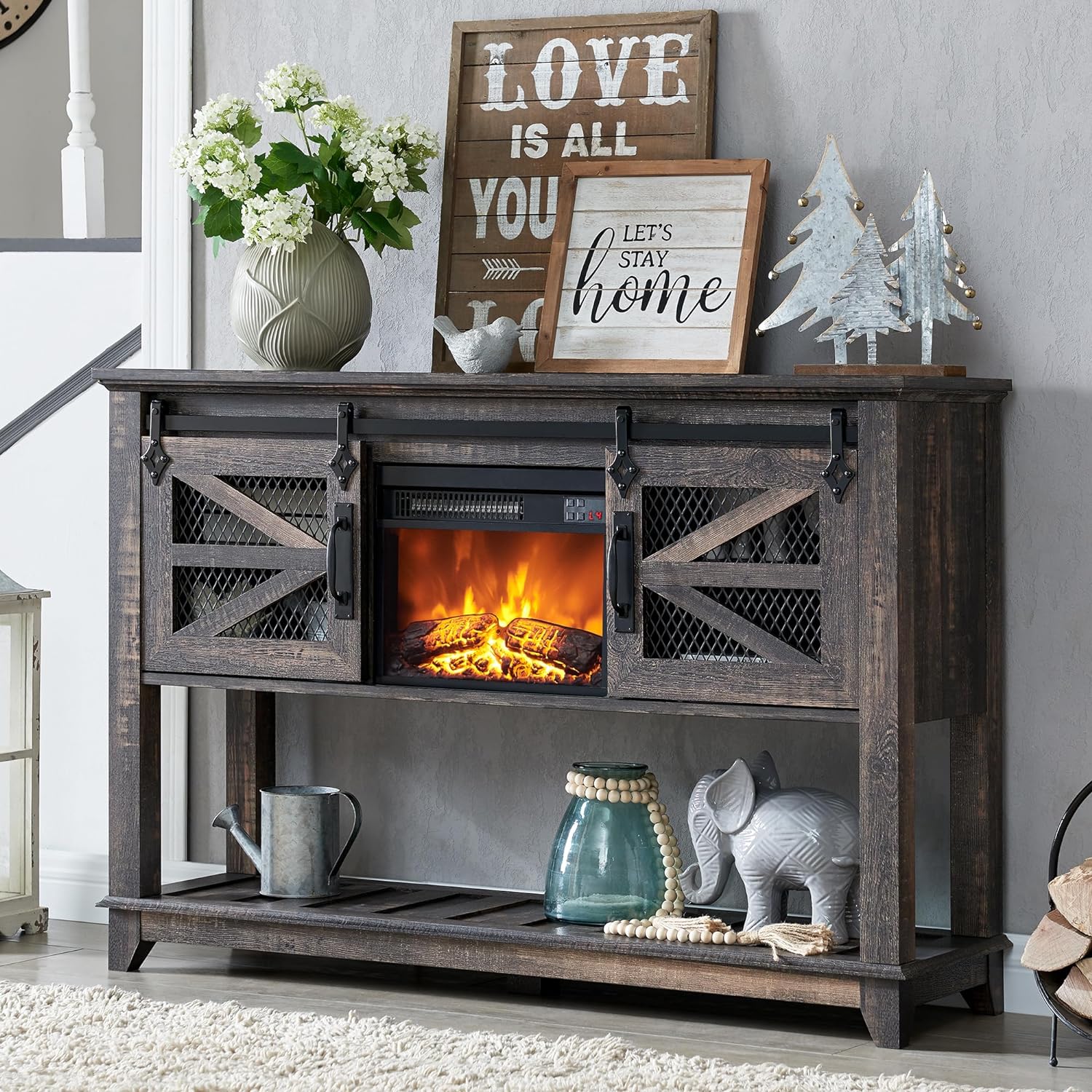 13'' Electric Fireplace Heater & Sliding Barn Doors, 46'' Console Table with Storage