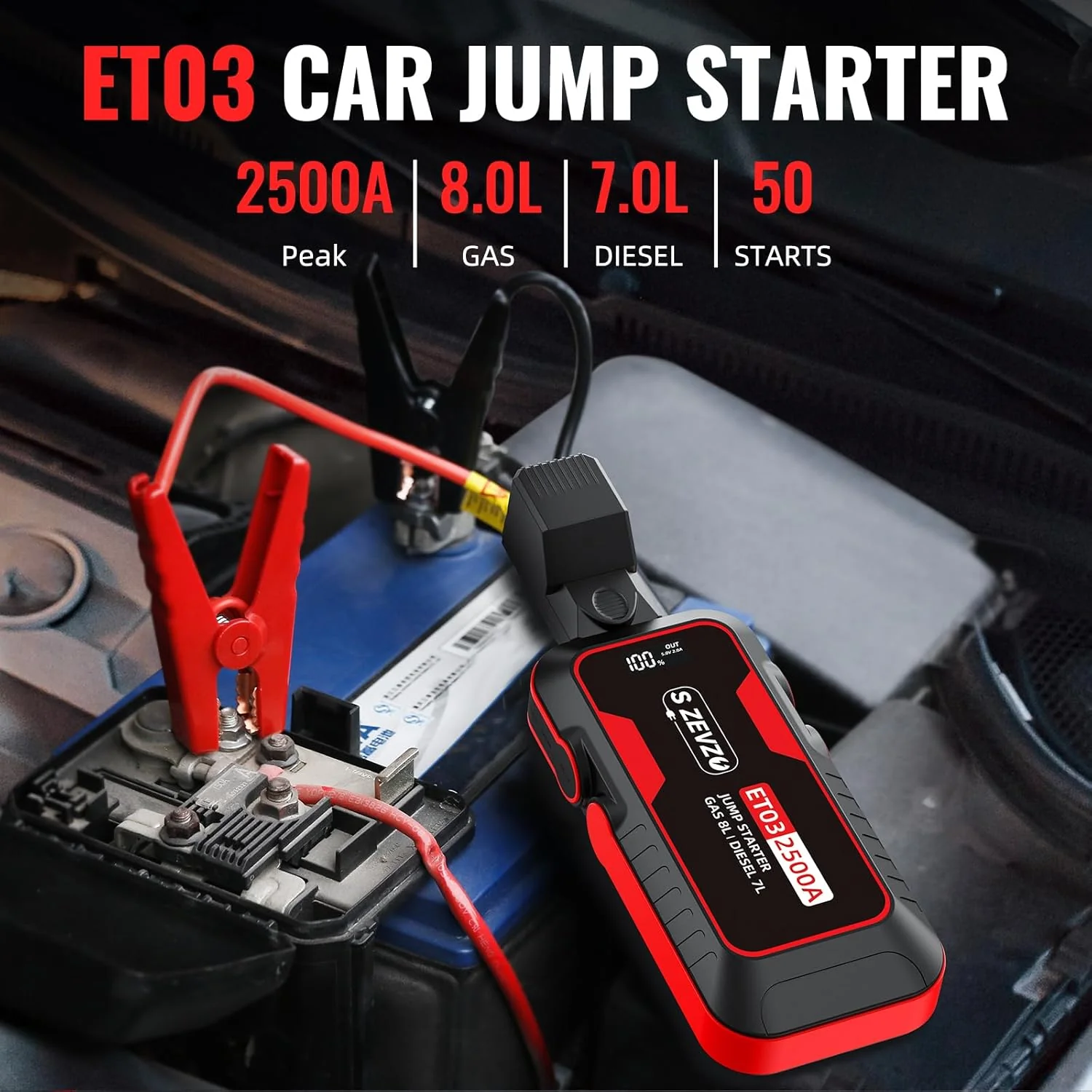 2500A Car Jump Starter with USB Ports, LCD Display, and LED Light