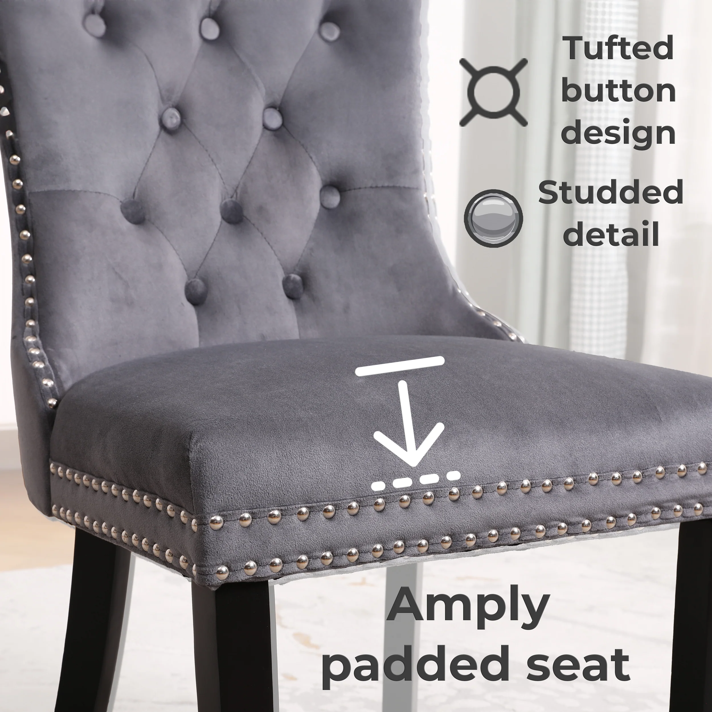 Neo Set Of Two Dark Grey Studded Velvet Dining Table Chair with Ring Knocker Detail