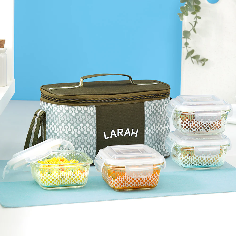 Larah Gracia Glass Lunchbox, Square x 4, 320ml x 4