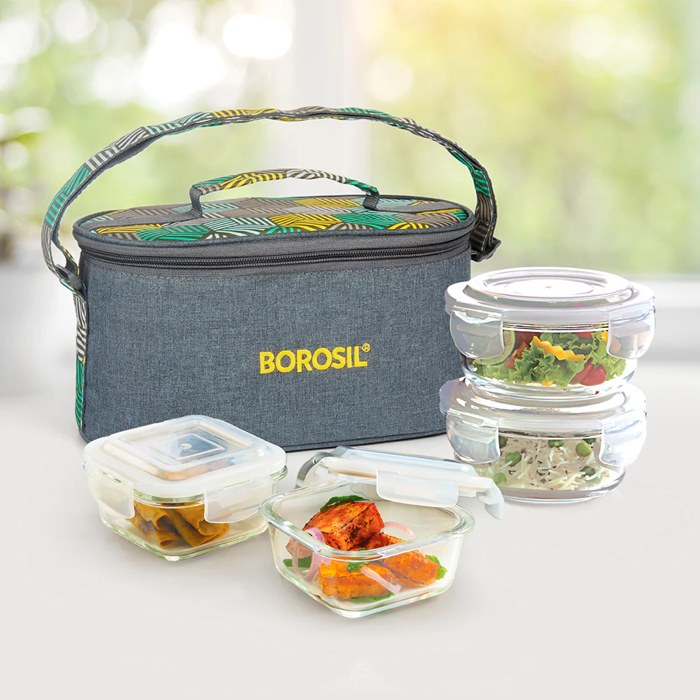 Borosil Foodluck Olive Glass Lunchbox, Set of 4, (320 ml x 2 + 400 ml x 2)