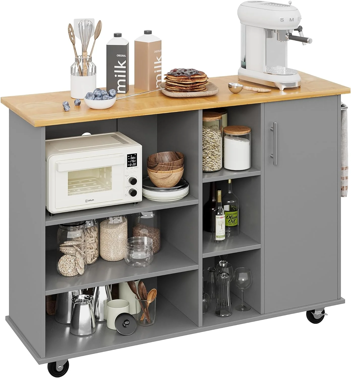 Small Kitchen Island on Wheels with 3-Tier Side Spice Rack and Rubber Wood Top