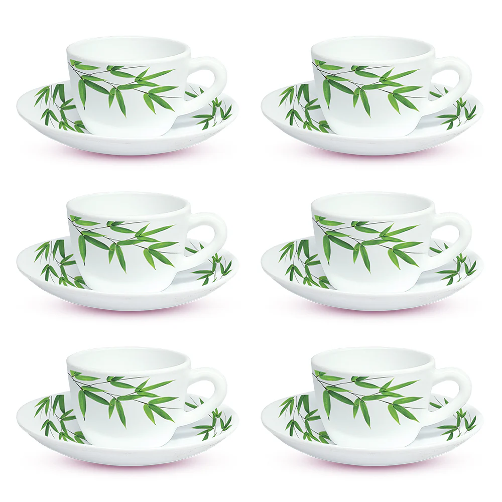 Larah by Borosil Bamboo Leaves Cup n Saucer Set, 140ml x 12