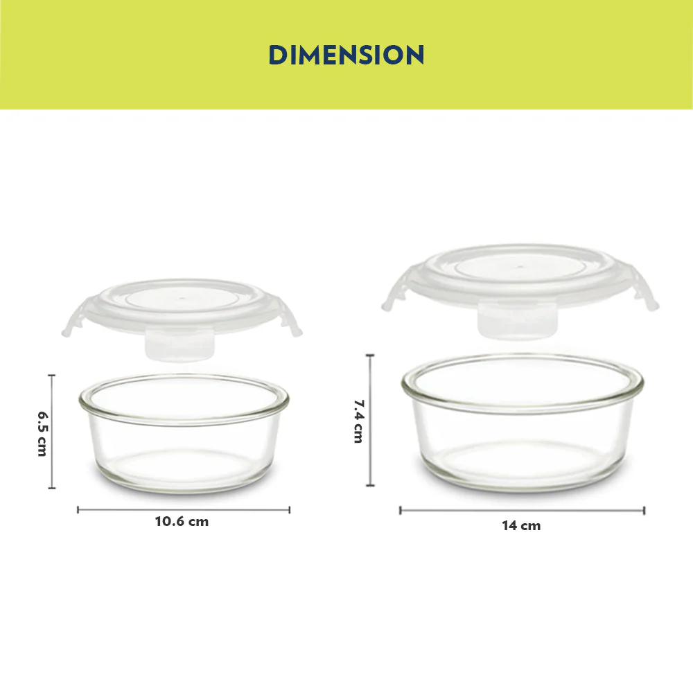 Foodluck Olive Glass Lunch Box, Round x 4, Set of 4 (400ml x 2 + 240ml x 2)