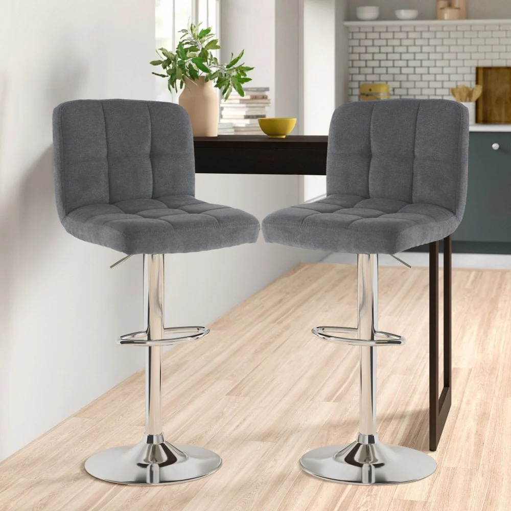 Neo Bar Stool Dark Grey Fabric & Polished Steel Frame Set of Two