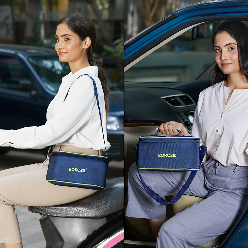 Borosil Blue Universal Glass Lunchbox, 320ml x 2 (+) 240ml x 2