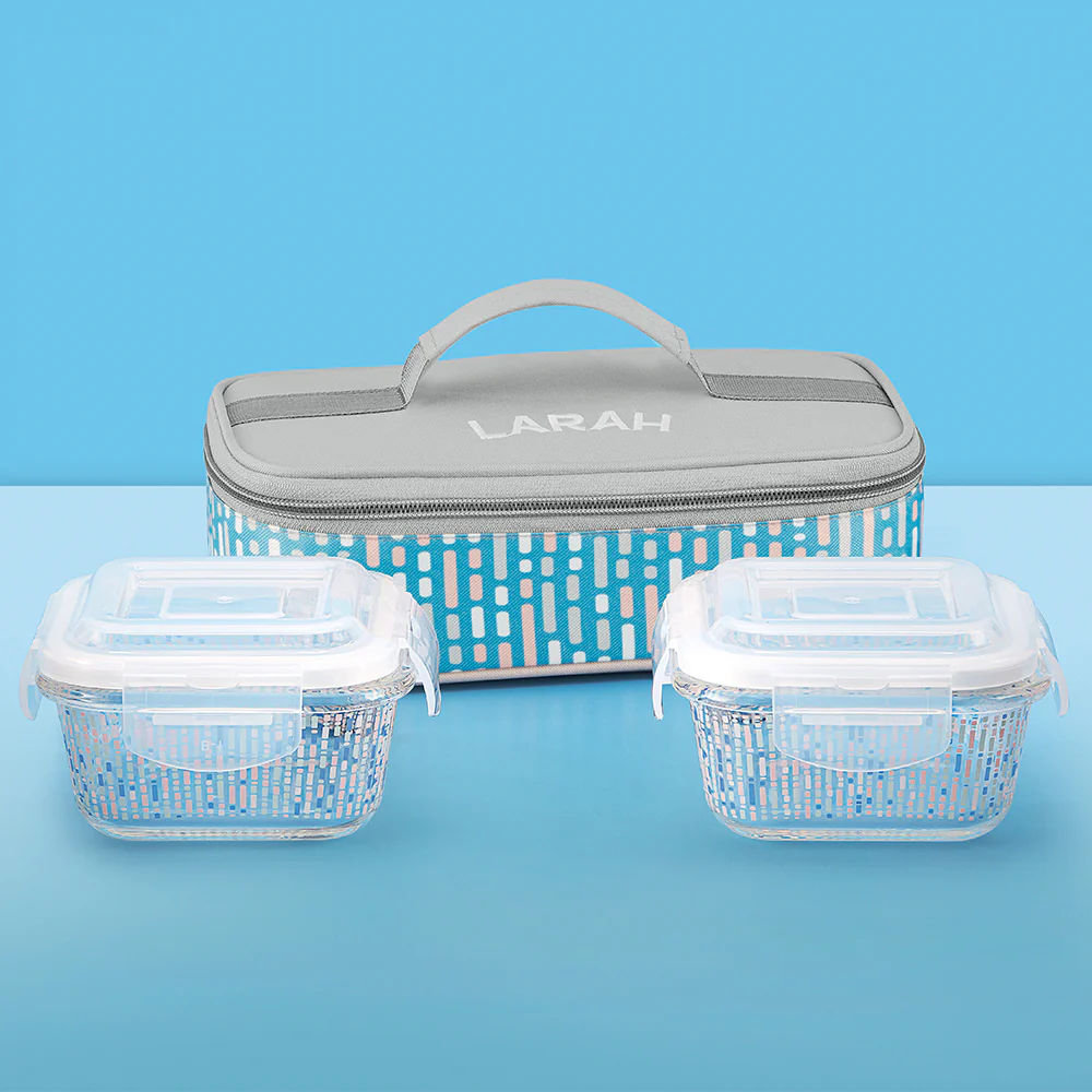 Larah Vogue Glass Lunchbox, Square x 2 (Flat), 320ml x 2