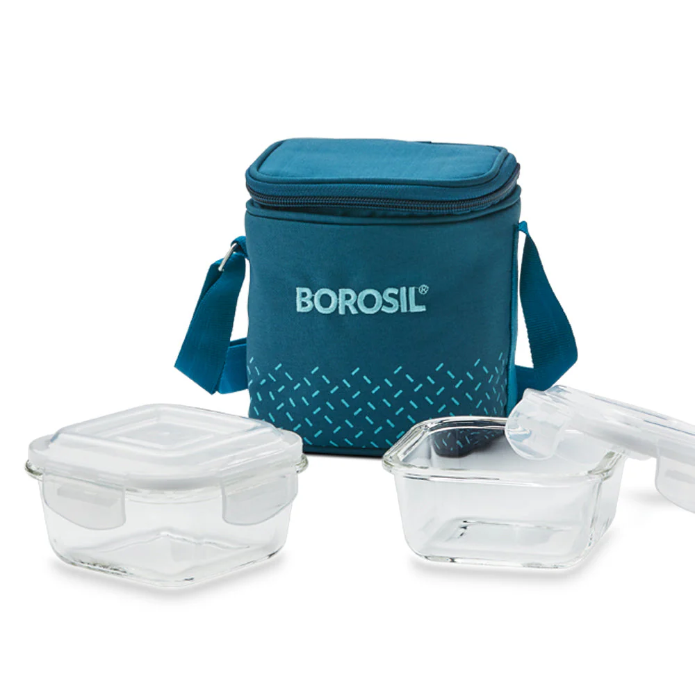 Borosil Teal Glass Lunchbox, Square x 2 (Tall Bag), 320ml x 2