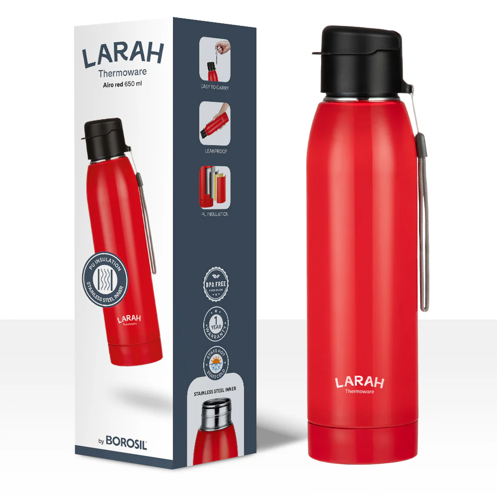 Larah Airo Round PU Thermoware Bottle, 650 ml, Red