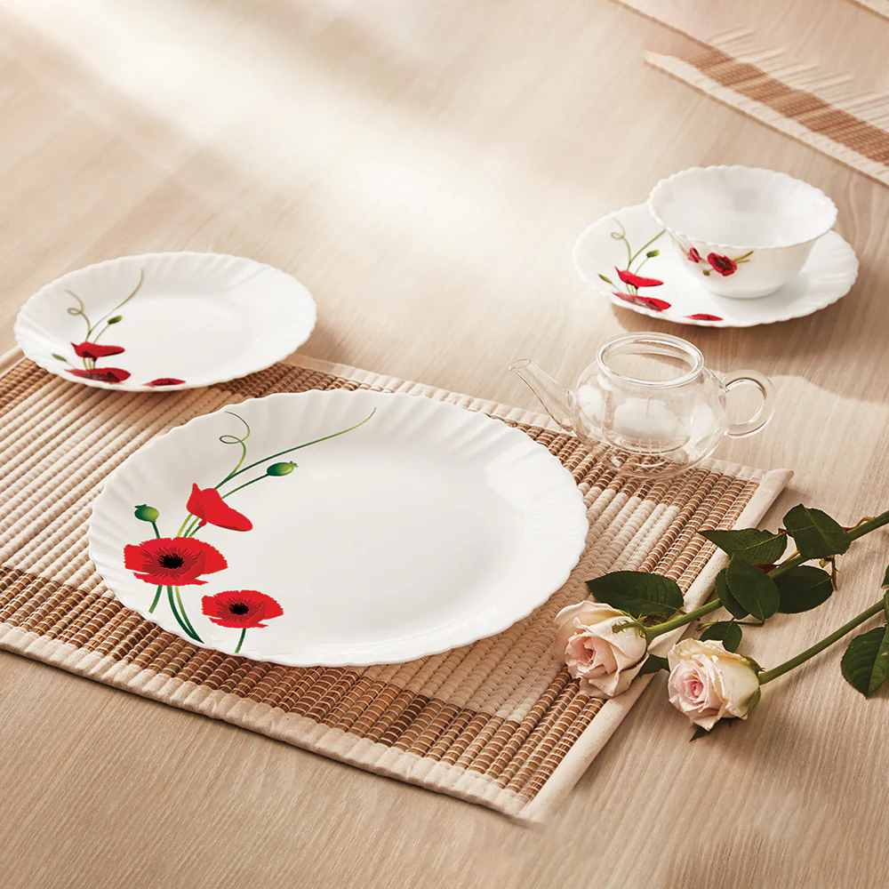 Larah by Borosil Red Carnation Dinner Set, 12 pc