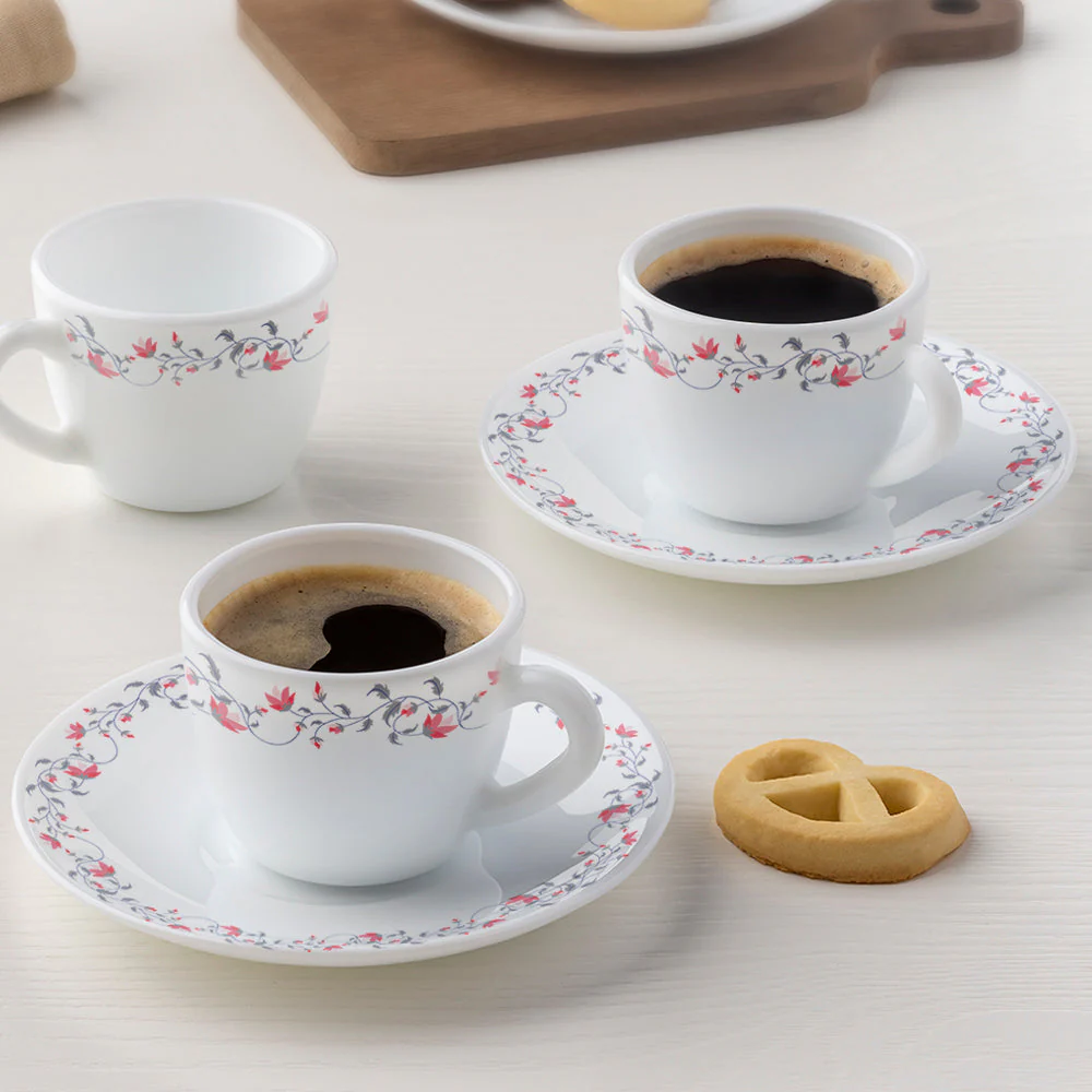 Larah by Borosil, Opalware, Microwave Safe, Pentas Cup n Saucer Set of 12, 140ml