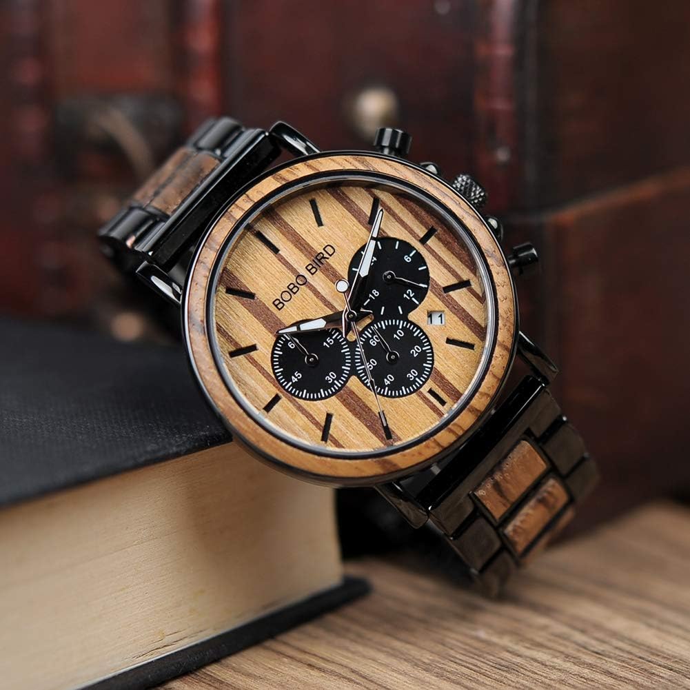 Wood & Stainless Steel Men's Chronograph Watch – Casual Military Style