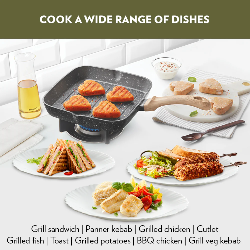 Borosil Vajra Nonstick Grill Fry Pan, Square, 24 cm