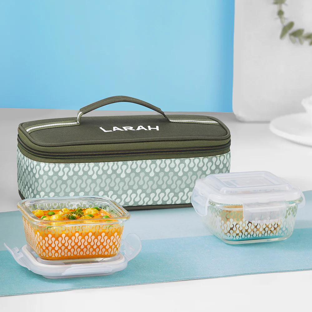 Larah Gracia Glass Lunchbox, Square x 2 (Flat), 320ml x 2