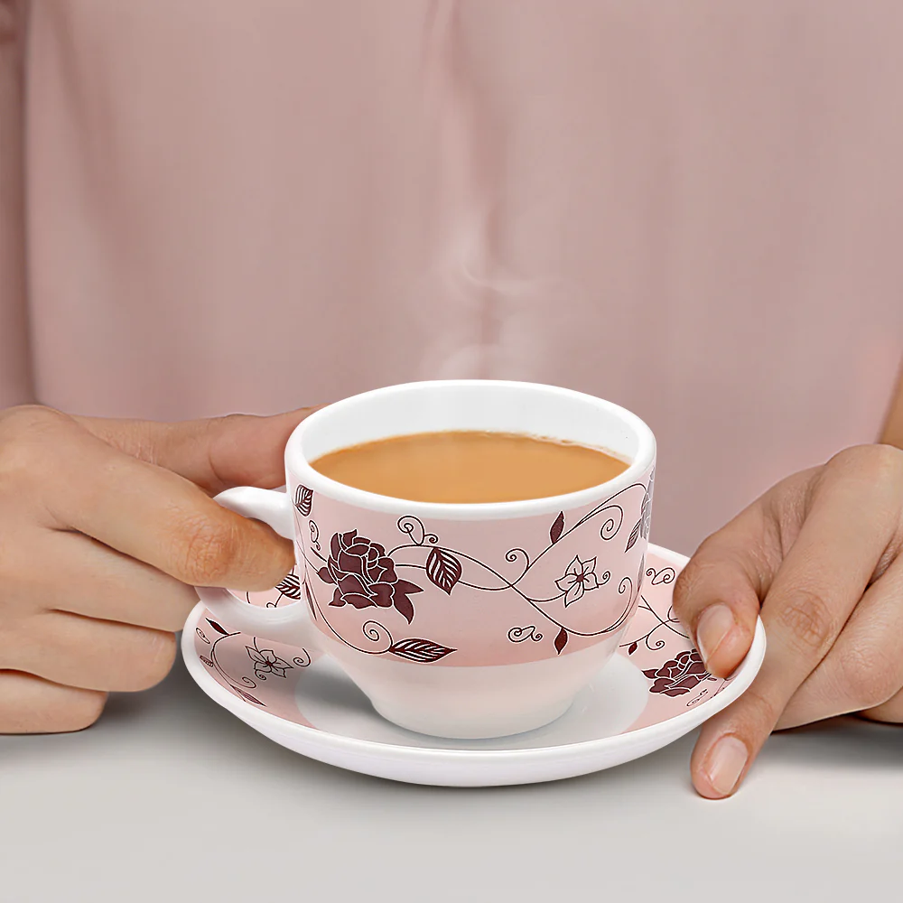 Larah by Borosil Rosa Brown Cup n Saucer Set, 220ml x 12