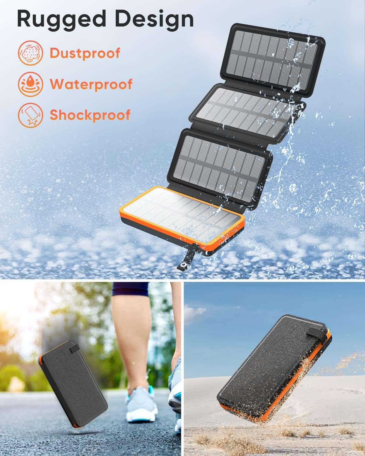 Solar Charger 25000mAh, Power Bank with 4 Solar Panels, Fast Charge External Battery Pack with Dual 2.1A Output USB Compatible with Smartphones
