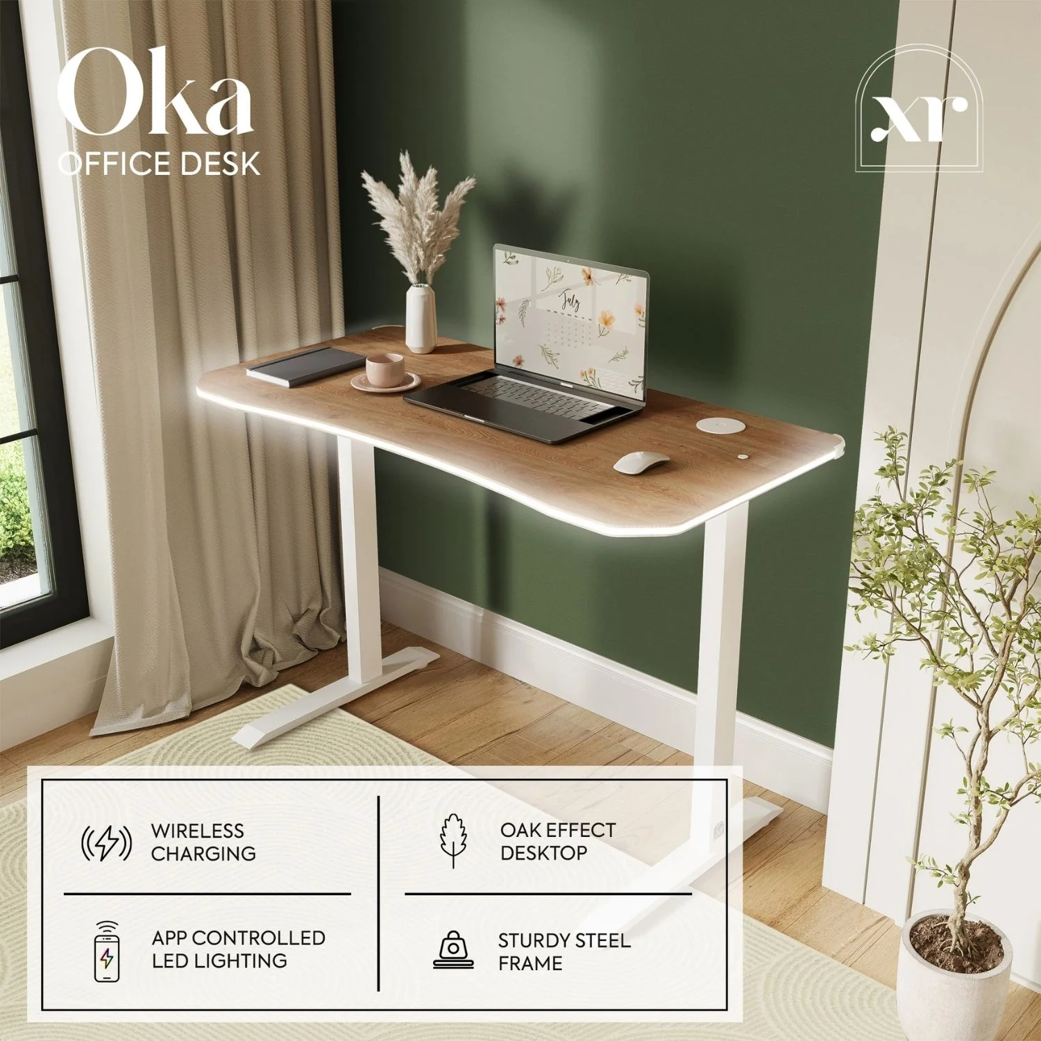 Oka LED Office Desk with Wireless Charging - Oak RGB (2 Sizes)