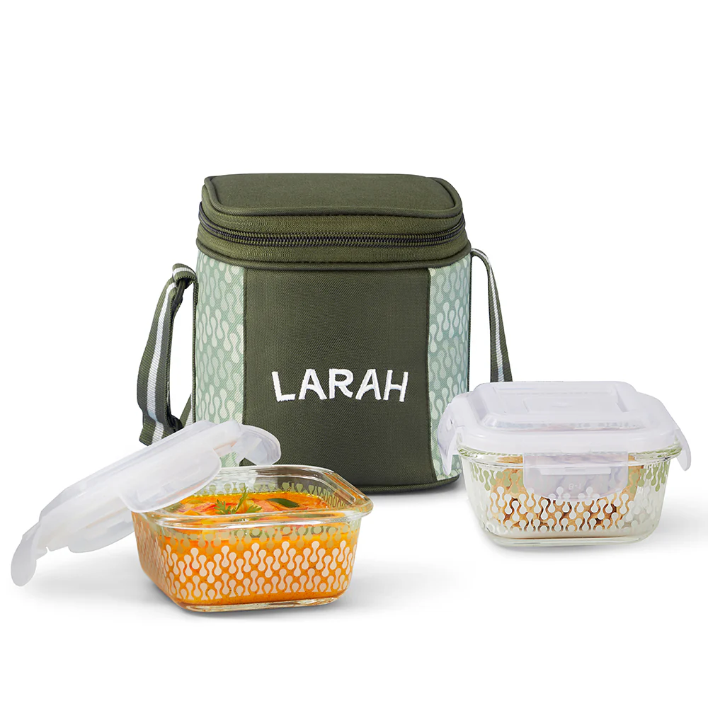 Larah Gracia Glass Lunchbox, Square x 2 (Tall), 320ml x 2