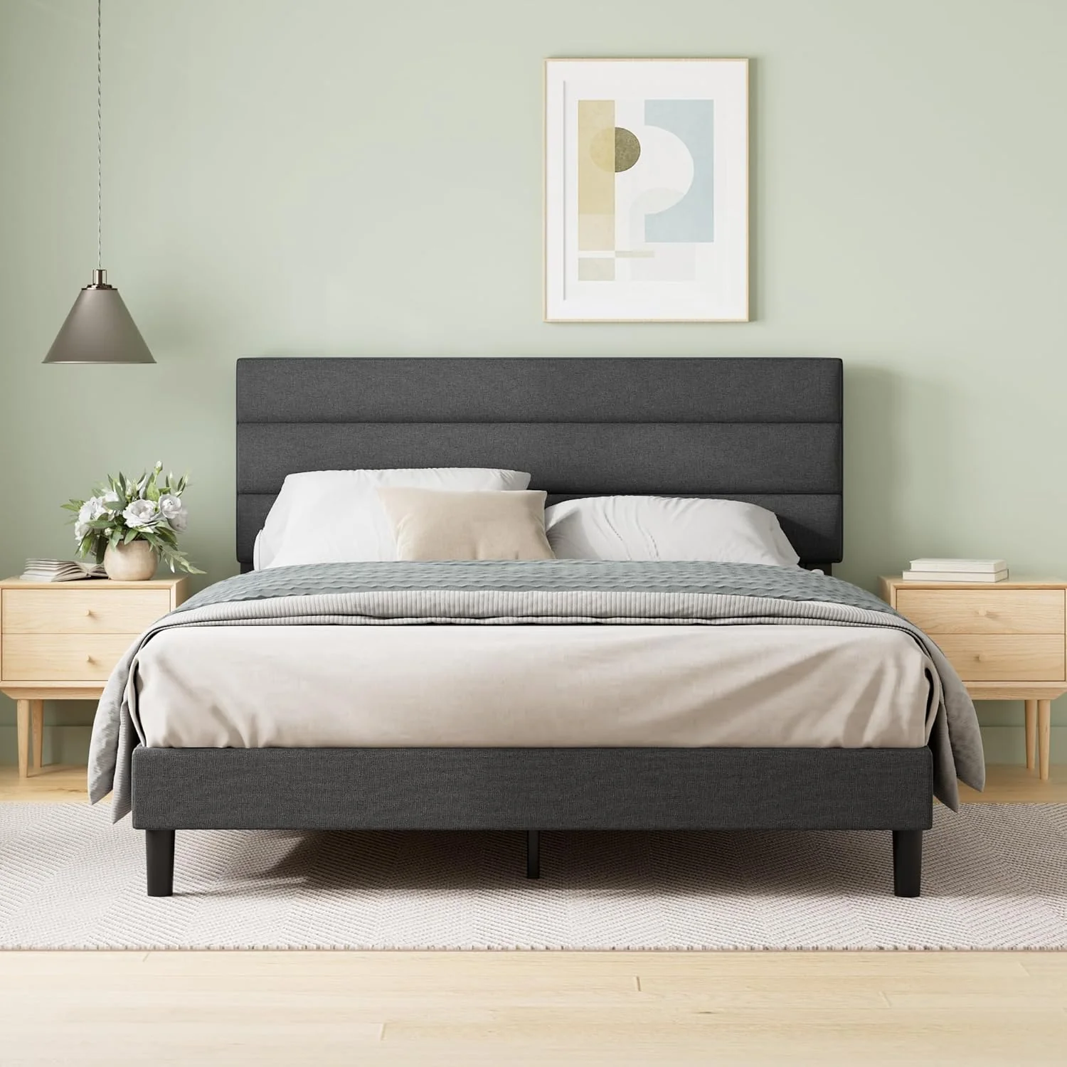 Queen Upholstered Platform Bed: Horizontal Headboard, Wooden Slats, No Box Spring Needed, Easy Assembly, Eco-Friendly, Dark Grey