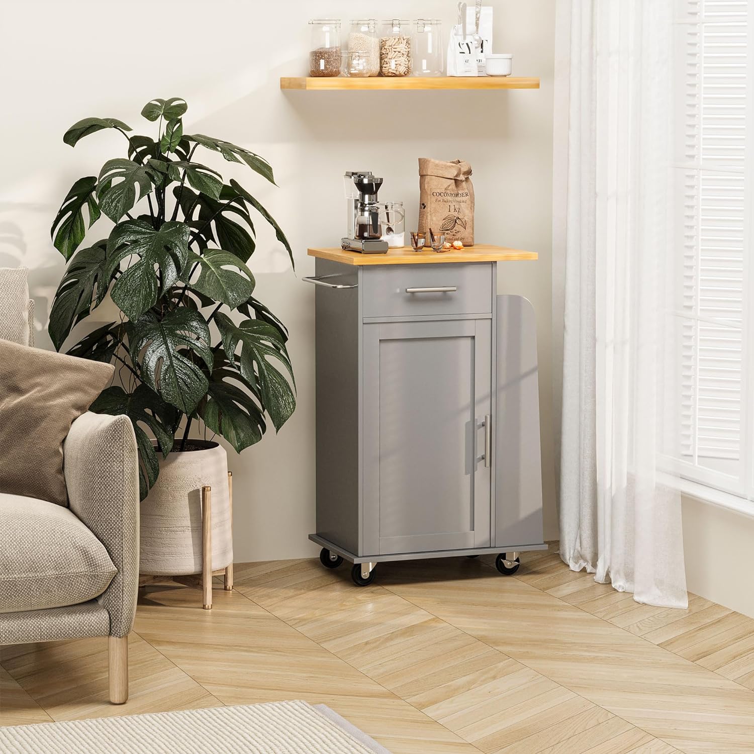 Small Kitchen Island on Wheels with 3-Tier Side Spice Rack and Rubber Wood Top