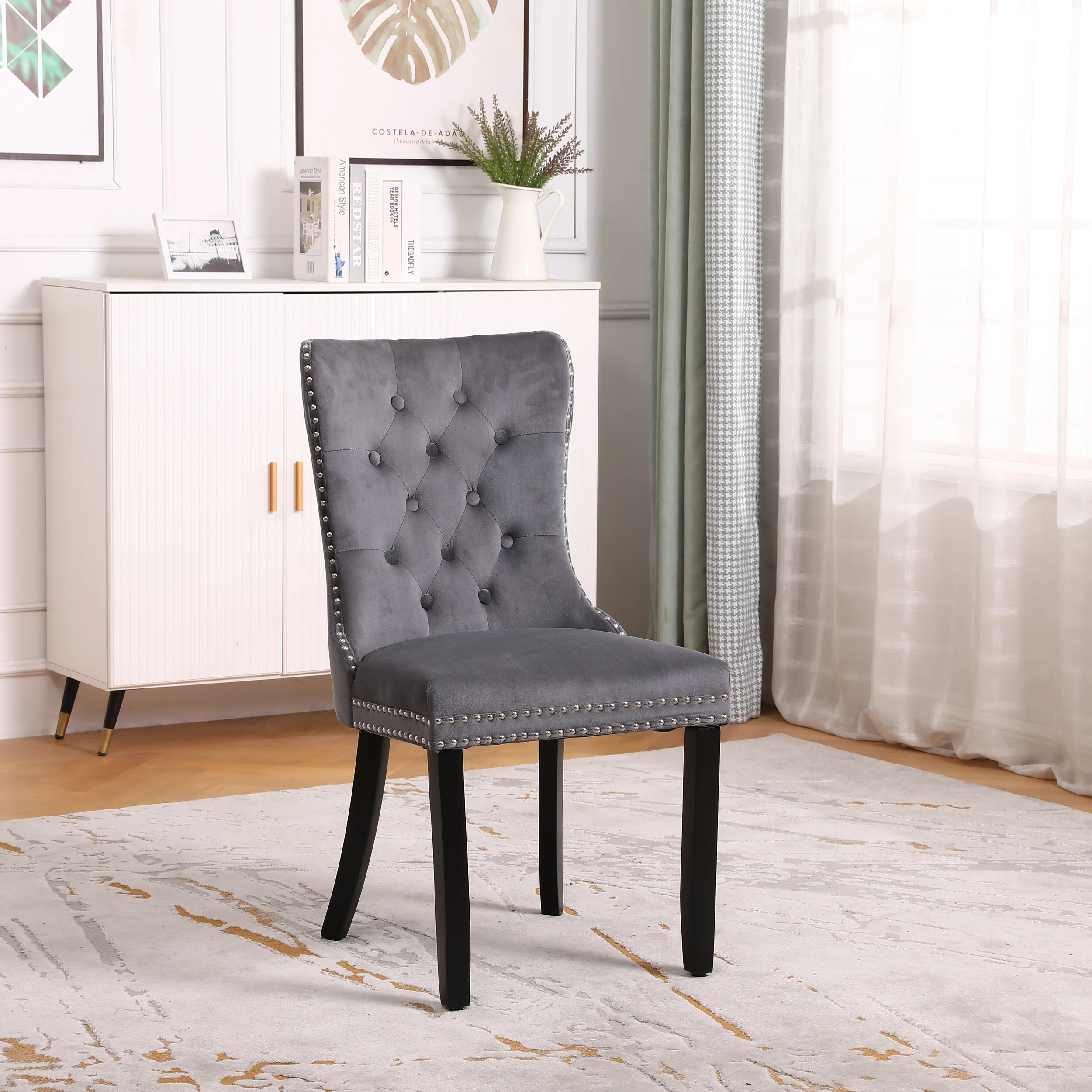 Neo Set Of Two Dark Grey Studded Velvet Dining Table Chair with Ring Knocker Detail