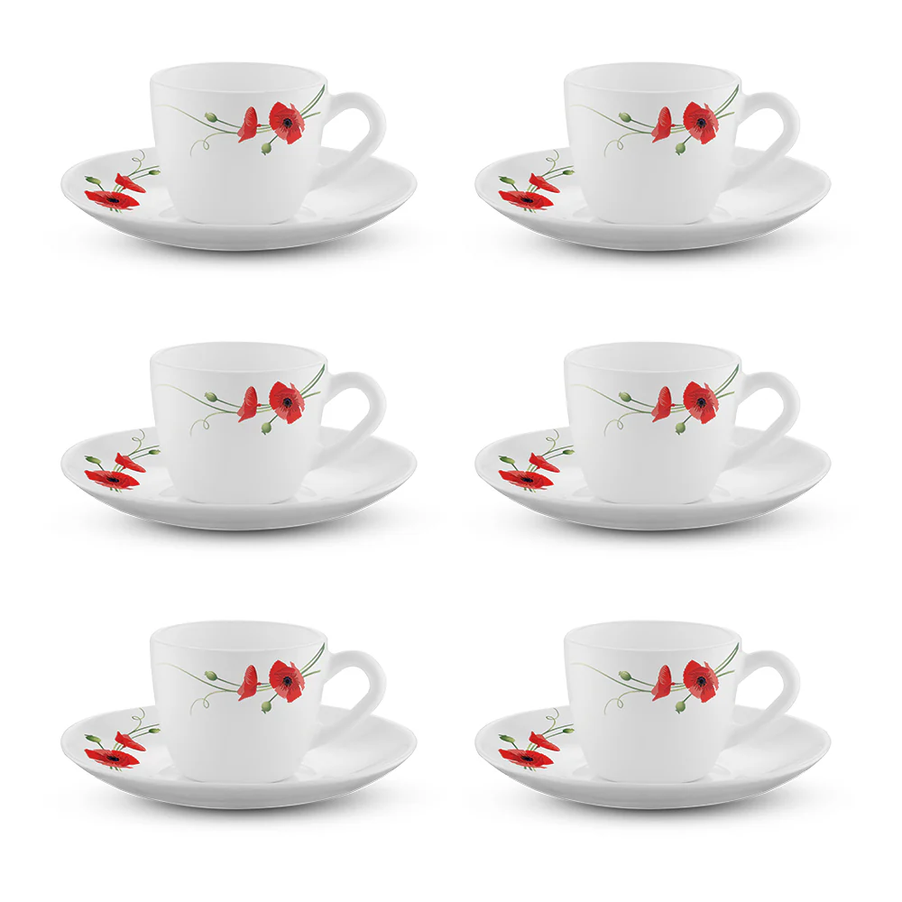 Larah by Borosil Red Carnation Cup n Saucer Set, 90ml x 12